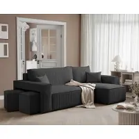 Fun-Möbel Eckbank, slaapbank, bank ADARA, inclusief hocker, stof Poso, zwart, met ottomaan aan de rechterkant