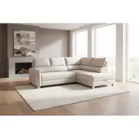 Fun-Möbel Eckbank, slaapbank, bank MARNO, bekleed met stof "Chill Me" in de kleur crème, met een chaise longue aan de rechterkant