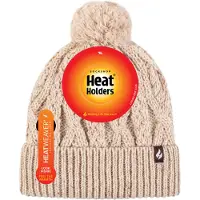 Heat Holder Dames Pom Pom Muts | | Trendy Dikke Warme Kabelgebreide Beanie met Heatweaver Fleece Voering | Salzburg Stijl - Natuur