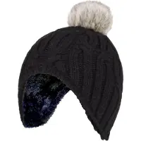 Heat Holder - Kabelgebreide Muts Voor Meisjes Met Pom Pom - Zwart