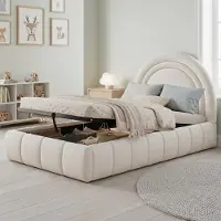 Flieks kinderbed, 90x200 cm, met opbergruimte, hydraulisch verstelbaar bed met lattenbodem, eenpersoonsbed voor tieners met gestoffeerd hoofdeinde, fluweel, beige