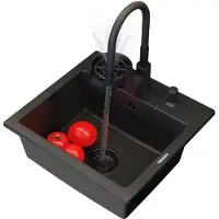 Granitan Spoelbak Granieten Teor 445x415mm - Spoelbakken met Kraan Wasmachine en Sifon - Zwart