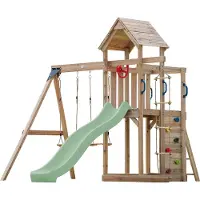 Axi Moos Compleet Speeltoestel met 2 Schommels, Touwladder | Speeltoren tuin met schommels/zandbak/klimmuur/Glijbaan Pastel Groen | Speelhuis van hout op palen voor buiten