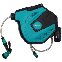 Northio Wandslangbox, slanghaspel, 180° draaibaar, met multifunctionele douchekop, vorstbescherming -5 tot +45 °C, kunststof, groen + zwart, 15 meter