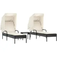 vidaXL Ligbedden 2 st met luifels en tafel poly rattan zwart