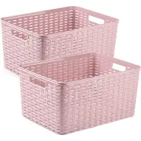 Forte Plastics 2x stuks rotan gevlochten opbergmand/opbergbox kunststof - Oud roze - 38 x 28 x 19 cm - Opbergbox