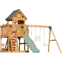 Axi Jack Speeltoestel van hout in Bruin | Speeltoren met zandbak, trapeze, dubbele schommel en Pastel Groen Glijbaan | Speelhuis op palen voor de tuin