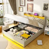 HAUSS SPOLE Fluweel Gestoffeerd bed 180×200 cm - Tweepersoonsbedden Met Opbergruimte - Voor Luxe Slaapkamers - Opbergruimte Boxspring - Voor Stellen En Volwassenen - Met USB & LED - Beige