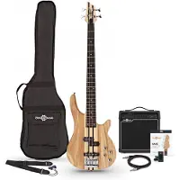 Gear4Music Chicago Neck Thru Bass Guitar + 15W Amp Pack Natural