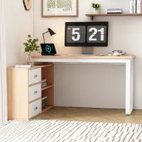 MODFU Bureau met Opbergruimte – 3 Lades & 2 Open Vakken – Ruim Werkblad 135 x 50 cm – Modern Minimalistisch voor Kantoor – MDF en Metaal – Naturel – 147 x 100 x 75,3 cm