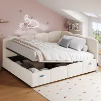 STILVORA Gestoffeerd Bed 140x190 cm – Slaapbank Met Usb-Oplaadfunctie – Hydraulische Opbergruimte – Voor Jeugd En Logeerkamer – Fluweel – Beige – Zonder Matras