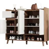 Merax Opbergkast met 4 Deuren en Lade - Dressoir Kast met Verstelbare Plank - Schoenenkast en Servieskast - Wit en Houtkleur 120x35x99 cm