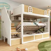 MODFU - Kinder stapelbed – 90x200 cm – Met trapkast, 3 hangmanden & hydraulisch – Wit/Naturel