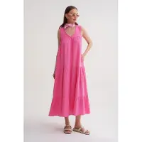 MixRay Mouwloze V-hals Muslin Midi-jurk met zakken
