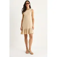 Bianco Geweven Crepe Midi Jurk met Rimpeldetail