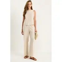 Bianco Hoge Taille Mouwloze Linnen Gemengde Tweedelige Set
