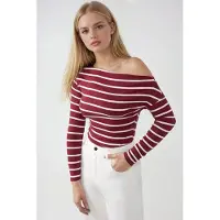 Hiccups for Kids Gestreepte Off-Shoulder Lange Mouw Geribbelde Trui