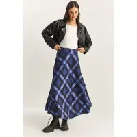 Bianco Hoge Taille Midi Rok in Geruit Patroon