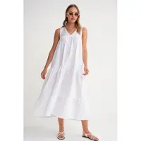 MixRay Mouwloze V-hals Muslin Midi-jurk met Zakken