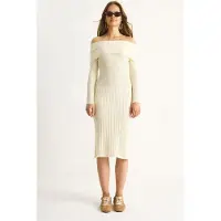 Bianco Geribbelde Midi-jurk