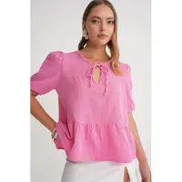 MixRay Gestructureerde Muslin Crew Neck Blouse met Binding Detail