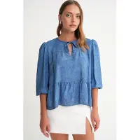 MixRay Denimachtige Gerimpelde Ballonmouw Blouse