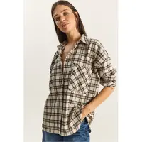 Bianco Oversized Lange Mouwen Geruite Shirt met Pocket