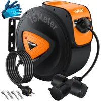 MASKO Kabelhaspel 15 meter automatisch voor buiten met 3 stopcontacten Wandmontage 1,5m Aansluitkabel Inclusief Handschoenen - Oranje