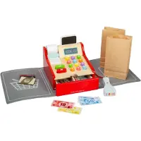 Bigjigs houten kassa speelgoedwinkel met scanner en accessoires.