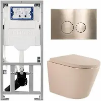 Geberit QeramiQ Dely Toiletset - 36.3x51.7cm - diepspoel - rimless - UP320 inbouwreservoir - softclose toilet zitting 35 mm - geborsteld messing bedieningsplaat - ronde knoppen - mat beige