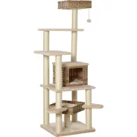 Northio Rieten krabboom, klimboom voor katten, met kattenhol, meerlaags, model E1, MDF, sisal, beige en bruin, 55 x 55 x 174 cm