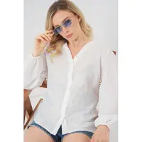 Bigdart Geborduurde V-hals Knop Blouse