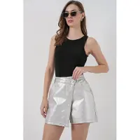 Big Dart Hoge Taille Metallic Fabric Mini Skorts met Knopen Sluiting