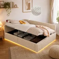 Flieks slaapbank 140x200 cm met lederen bekleding en ladegeleiders, hydraulisch verstelbaar bed met opbergruimte, dagbed met dubbele bedfunctie en rugleuning, fluweel, beige