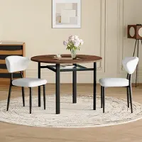 MODFU - Eettafelset - Ronde Tafel Met Glasinleg En 2 Stoelen - Modern - Voor Eetkamer - MDF Glas Metaal PU - Bruin Zwart Wit - 100 Cm