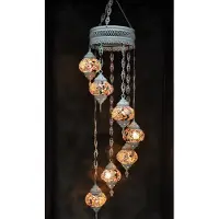 Halay Hanglamp van kleurrijk glas met een oosters mozaiekpatroon, bestaande uit 7 glazen elementen, handgemaakt in Turkije, in crèmekleur