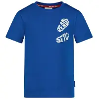 Sturdy T-shirt Run the Day blauw Jongens Katoen Ronde hals Tekst - maat 98