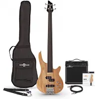 Gear4Music Chicago Fretless Bass Guitar Natural 15W Bass Amp & Accessory Pack