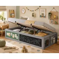 Flieks Hydraulisch kinderbed 90x200 cm met opbergruimte, kinderbed met opbergruimte, kinderbed met tafel en viltplaat, hydraulisch bed, éénpersoonsbed, grijs