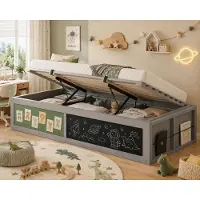 STILVORA Kinderbed 90x200 cm – Multifunctie Hydraulische Opbergruimte & Boekenplank (Links/Rechts) – Krijtbord & Viltpaneel – Hout – Grijs – Zonder matras