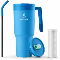 Motivai Travel Cup RVS Thermosbeker met Handvat & Rietje – 1.2L (40oz) – Lekvrij & Dubbelwandig – Drinkbeker To Go – Thermosfles Waterfles – Blauw