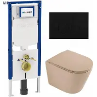 Geberit QeramiQ Dely Toiletset - 36.3x51.7cm - diepspoel - rimless - UP720 inbouwreservoir - softclose toilet zitting - metaal mat zwart bedieningsplaat - rechthoekige knoppen - mat beige