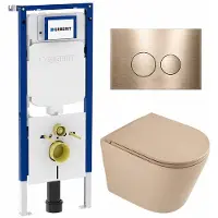 Geberit QeramiQ Dely Toiletset - 36.3x51.7cm - diepspoel - rimless - UP720 inbouwreservoir - softclose toilet zitting - geborsteld messing bedieningsplaat - ronde knoppen - mat beige