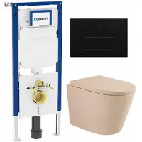 Geberit QeramiQ Dely Toiletset - 36.3x51.7cm - diepspoel - rimless - UP720 inbouwreservoir - softclose toilet zitting 35 mm - kunstof mat zwarte bedieningsplaat - rechthoekige knoppen - mat beige