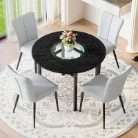 MODFU - Eettafelset Met 4 Stoelen - Ronde Tafel Met Glasinzet En Onderblad - Modern - MDF, Glas En Metaal - Zwart En Lichtgrijs - 100 Cm
