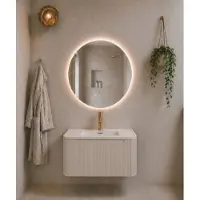 Mueller Rounda badkamermeubel beige mat geribbeld met afgeronde hoeken 80cm en witte wastafel met kraangat