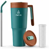 Motivai Travel Cup RVS Thermosbeker met Handvat & Rietje – 1.2L (40oz) – Lekvrij & Dubbelwandig – Drinkbeker To Go – Thermosfles Waterfles – Retro