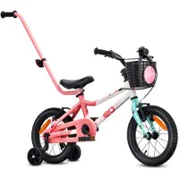 Sun baby Kinderfiets 14 Inch LOOFI, Fiets voor Meisje 3-5 Jaar, lichtgewicht 6.6 kg aluminium frame, met zijwieltjes, mandje, bel, stickers - Wit-Roze-Mint