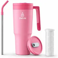 Motivai Travel Cup RVS Thermosbeker met Handvat & Rietje – 1.2L (40oz) – Lekvrij & Dubbelwandig – Drinkbeker To Go – Thermosfles Waterfles – Roze