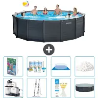 vidaXL Rond Graphite Gray Panel Zwembad - 478 x 124 cm - Inclusief Pomp - Ladder - Grondzeil - Afdekzeil - Onderhoudspakket - Filterbollen - 9-delig